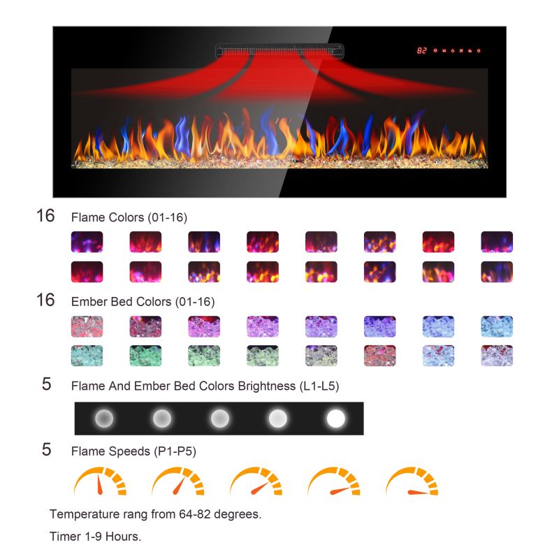 50, 60-Inch Built-In And Wall-Mounted Electric Fireplaces